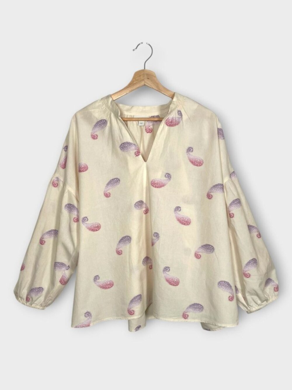 J Jill Cream Oversized Popover Top LARGE Pink Purple Paisley Embroidered